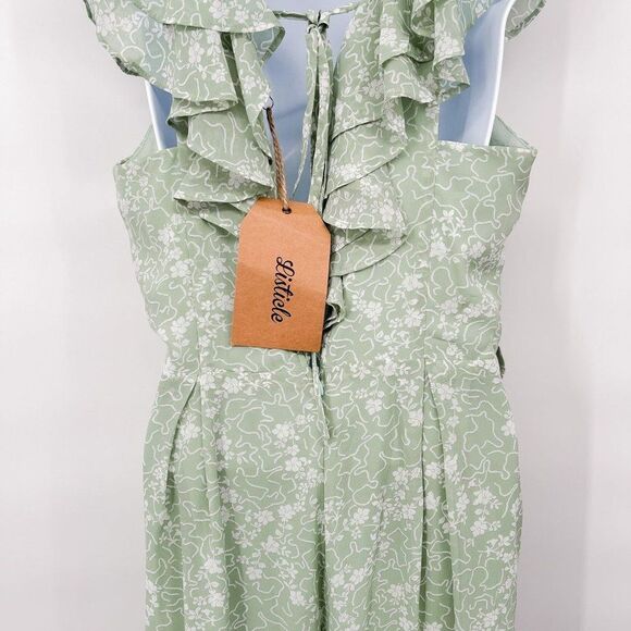 Listicle Floral Print Chiffon Ruffle Wide Leg V-Neck Jumpsuit Green Medium - Picture 7 of 11